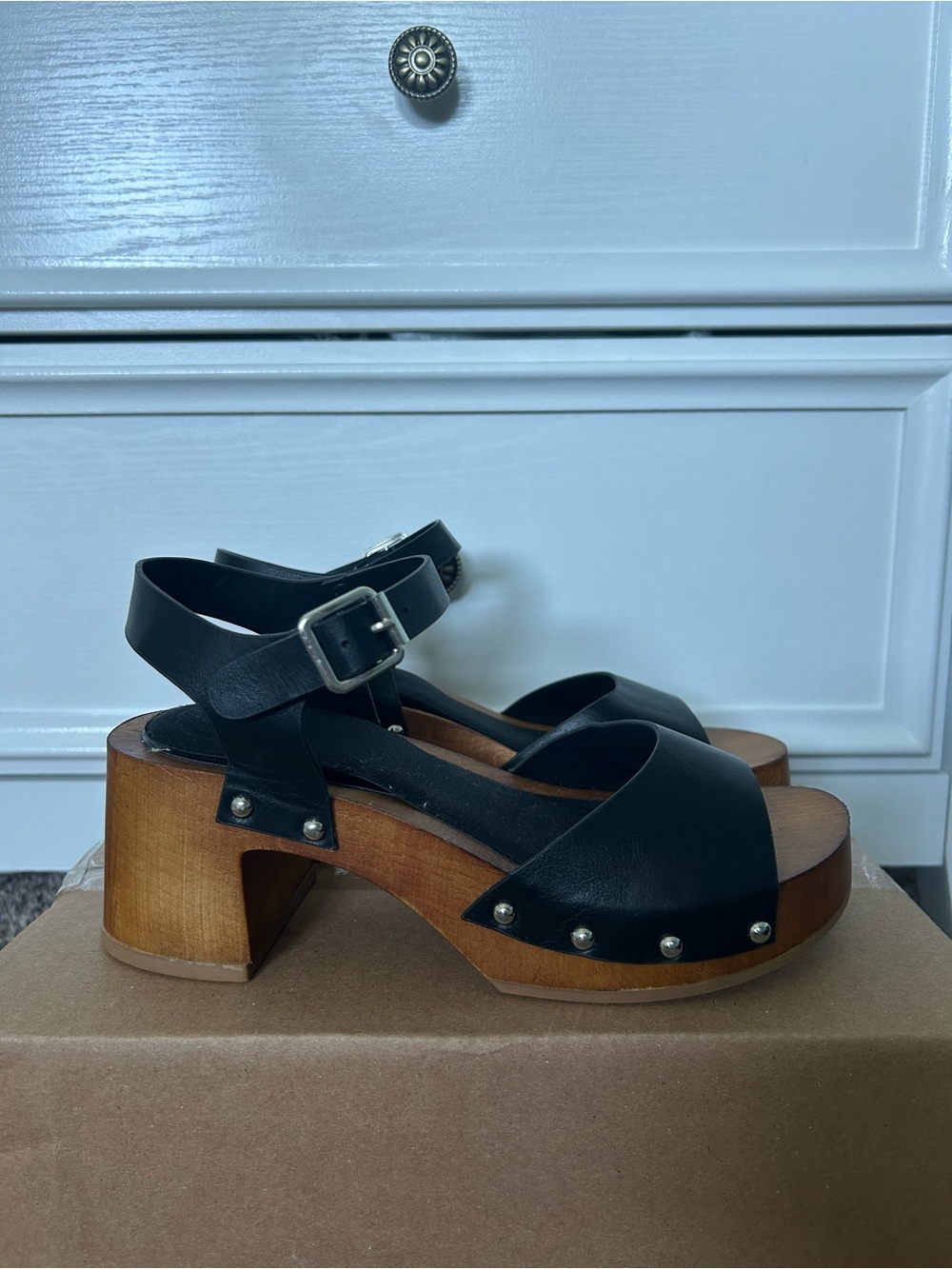 Black Leather-Look Platform Clog Sandals
